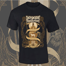 Charger l'image dans la galerie, Black t-shirt with 'Sergeant Thunderhoof' graphic design on a patterned background