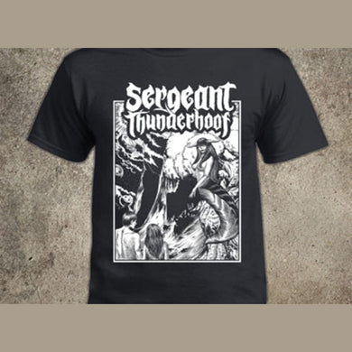 Black t-shirt with 'Sergeant Thunderhoof' graphic design on a textured surface