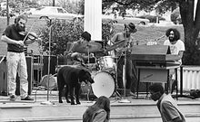 Cargar imagen en el visor de la galería, Band performing on stage with a dog among the instruments