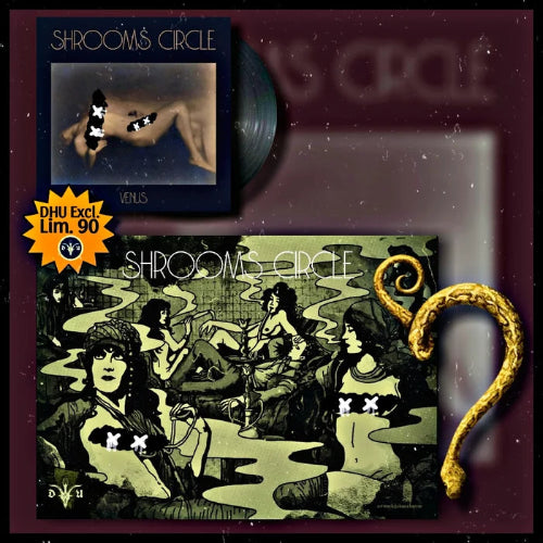 Vinyl record and cover with 'Shrooms Circle' branding on a dark background