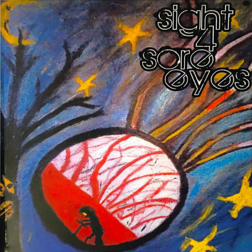 Artistic depiction of a large eye with a red interior, surrounded by trees and stars, with 'sight 4 sore eyes' text.
