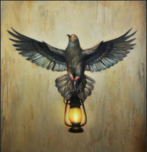 Cargar imagen en el visor de la galería, Painting of a pigeon with outstretched wings perched on an oil lantern against a textured beige background.
