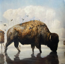 Load image into Gallery viewer, Buffalo with birds on its back in a reflective water setting