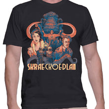 Load image into Gallery viewer, Black t-shirt with a colorful graphic design and text on a white background