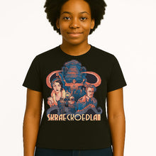 Load image into Gallery viewer, Person wearing a black t-shirt with a colorful graphic design and text.