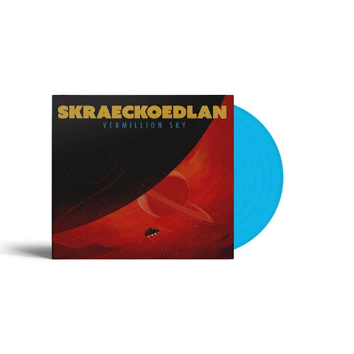 Vinyl record with a red and blue design and 'Skraeckoedlan' text on a white background
