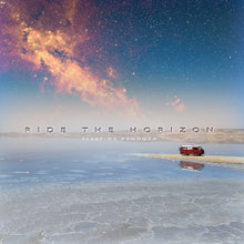 Cargar imagen en el visor de la galería, Album cover with a red van on a beach under a starry sky with a colorful nebula.