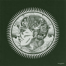 Load image into Gallery viewer, Decorative black and white illustration of a face within a circular design on a dark background.