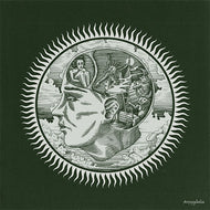 Decorative black and white illustration of a face within a circular design on a dark background.