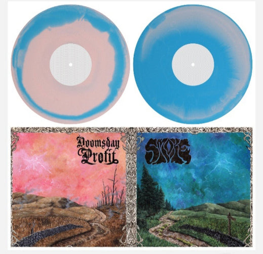 Vinyl records with colorful sleeves featuring artistic landscapes and text.