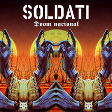 Charger l&#39;image dans la galerie, Album cover with hands holding a heart-shaped object against a sunset sky, featuring the text &#39;SOLDATI Doom nacional&#39;.