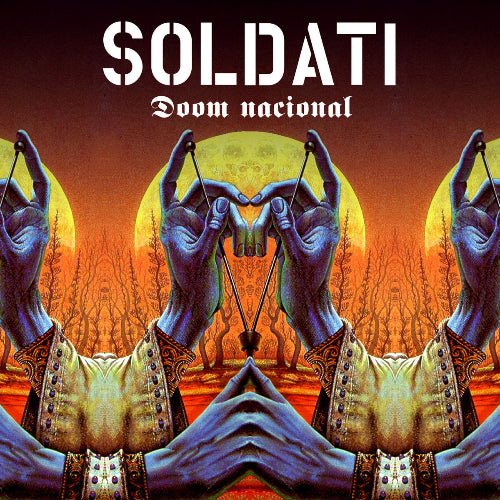Album cover with hands holding a heart-shaped object against a sunset sky, featuring the text 'SOLDATI Doom nacional'.