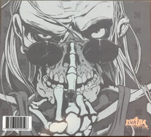 Load image into Gallery viewer, Skeletal design with sunglasses and a pipe on a gray background