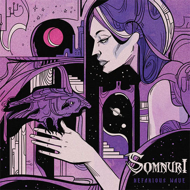 Artistic cover of 'Somnuri' album with a person holding a skull, set against a purple and black background.