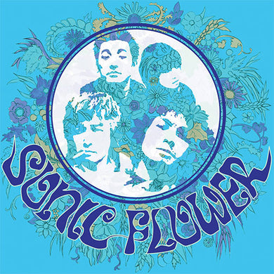 Album cover with stylized faces and floral elements on a blue background, featuring the text 'Sonic Flower'.