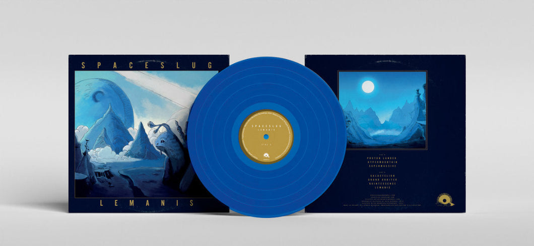 Blue vinyl record with matching cover and inner sleeve on a light gray background