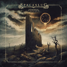 Load image into Gallery viewer, A vinyl record cover with a dark, moody landscape featuring a ruined structure, trees without leaves, and a circular emblem in the sky.