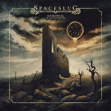 A vinyl record cover with a dark, moody landscape featuring a ruined structure, trees without leaves, and a circular emblem in the sky.