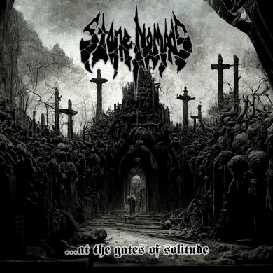 Album cover art for Stone Nomads featuring a dark, misty forest with crosses and a dilapidated castle, with the band's name in bold lettering.