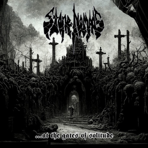 Album cover art for Stone Nomads featuring a dark, misty forest with crosses and a dilapidated castle, with the band's name in bold lettering.