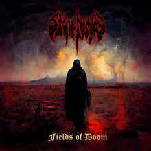 Cargar imagen en el visor de la galería, Album cover with a dark figure in a hooded cloak standing in a desolate landscape with 'Fields of Doom' text.
