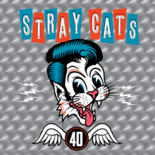 Cargar imagen en el visor de la galería, CD cover art for Stray Cats featuring an illustration of a cartoon cat with a quiff hairstyle, wings, and the text 'Stray Cats 40'.