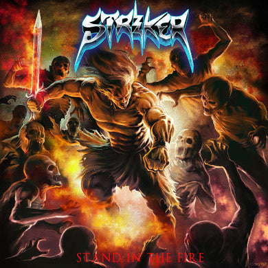 Album cover with a muscular figure surrounded by skeletons and flames, featuring the band name 'Striker' at the top.