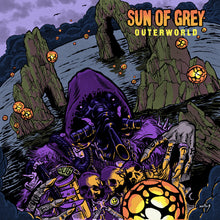 Cargar imagen en el visor de la galería, Album cover art for 'Sun of Grey - Outerworld' featuring a stylized illustration of a figure in a dark setting with skulls and a bright orb, indicative of the album's heavy and mystical themes.