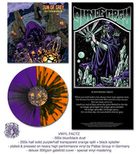 Cargar imagen en el visor de la galería, Vinyl record with purple and orange splatter and matching cover art featuring a figure in a hooded robe.