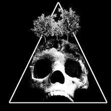Load image into Gallery viewer, Black and white cassette tape cover art featuring a triangular frame with a skull in the center, surrounded by trees.