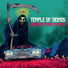 Load image into Gallery viewer, CD cover art featuring a stylized illustration of a skeleton with a scythe, holding a crown, above a vibrant, fiery background with a car and 'TEMPLE OF DEIMOS' text prominently displayed.