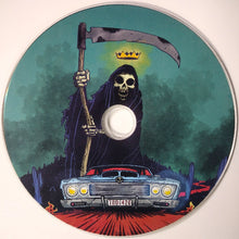 Load image into Gallery viewer, Disc with a graphic of a skeleton holding a scythe over a car, set against a dark background.