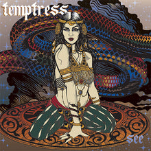 Load image into Gallery viewer, Artistic depiction of a woman with intricate jewelry and a snake, titled 'temptress'.
