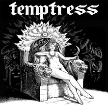 Cargar imagen en el visor de la galería, Black and white illustration of a woman on a throne with 'temptress' text above.