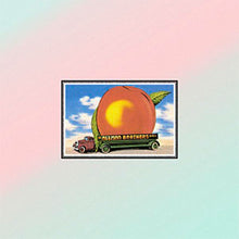 Load image into Gallery viewer, Vintage-style illustration of a large peach on a truck with a colorful gradient background