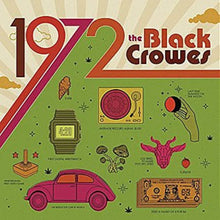 Load image into Gallery viewer, Album cover art for '1972' by The Black Crowes featuring a vinyl record and various cultural symbols such as a watch, a car, and a cow.