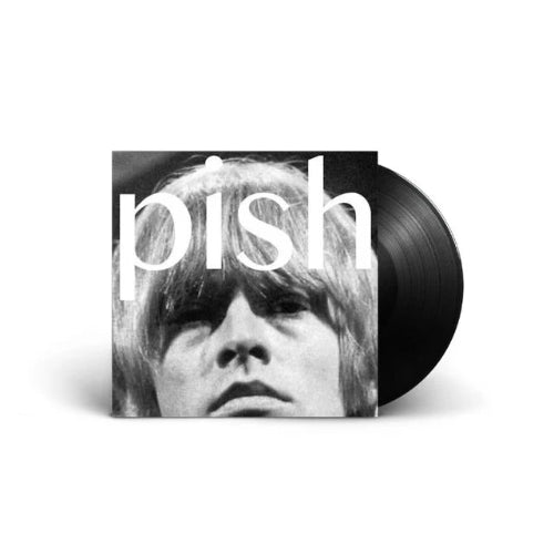 Vinyl record with a black and white portrait and 'pish' text on a white background