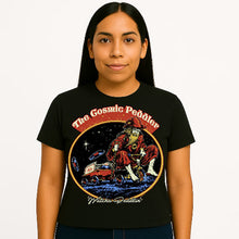 Cargar imagen en el visor de la galería, Person wearing a black t-shirt with &#39;The Cosmic Peddler&#39; graphic design.