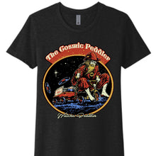 Cargar imagen en el visor de la galería, Black T shirt with the logo and text &#39;The Cosmic Peddler&#39; at the top and &#39;Wahtcha Peddlin&#39; at the bottom all over a white background