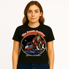 Cargar imagen en el visor de la galería, Person wearing a black t-shirt with &#39;The Cosmic Peddler&#39; graphic design.