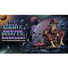 Load image into Gallery viewer, Illustration of a character riding a bike with 'The Cosmic Peddler' branding on a space-themed background.