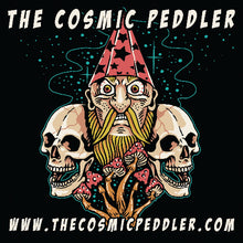 Load image into Gallery viewer, Illustration of a figure with a pink hat and two skulls, featuring 'The Cosmic Peddler' branding.
