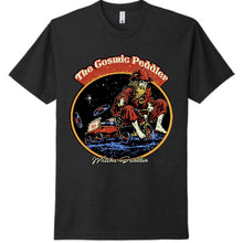 Charger l&#39;image dans la galerie, A black t-shirt with a graphic design featuring &#39;The Cosmic Peddler&#39; text and an illustration of a character on a spaceship.