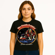 Charger l&#39;image dans la galerie, Person wearing a black t-shirt with &#39;The Cosmic Peddler&#39; graphic design on a white background