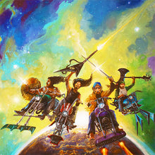 Cargar imagen en el visor de la galería, Colorful illustration of a group of people on motorcycles with a cosmic background