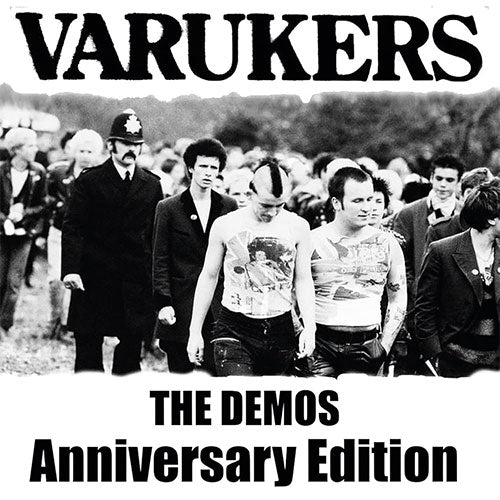 Album cover for 'The Demos Anniversary Edition' by Varukers with a black and white photo of people walking.