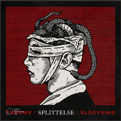 Illustration of a person with a snake on their head against a red background, featuring the text 'Sloevsind'.