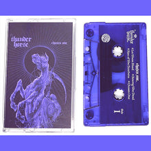 Load image into Gallery viewer, Cassette tape with purple design and clear casing on a blue background