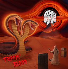 Cargar imagen en el visor de la galería, Desert scene with two coiled snakes, a person with a guitar, and 'Trippin' Blood' text.