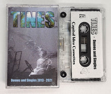 Load image into Gallery viewer, Black and white album cover featuring a person at a drum set with the band name 'Tines' stylized in a root-like design above.